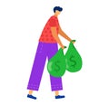 Young man carrying two large money bags with dollar signs. Casual male cartoon character with big earnings or savings Royalty Free Stock Photo