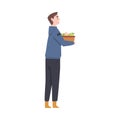 Young Man Carrying Wicker Basket Full with Gathered Apples Vector Illustration