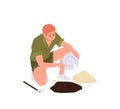 Young man cartoon archeologist character finding ancient utensil while digging soil ground