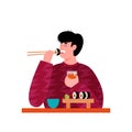 Young man cartoon character enjoying sushi flat vector illustration isolated. Royalty Free Stock Photo