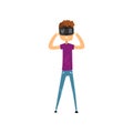 Young man cartoon character using virtual reality goggles, gaming cyber technology, full virtual reality concept vector