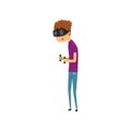 Young man cartoon character in virtual reality headset with aim remote controllers, gaming cyber technology, virtual