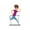 Young man cartoon character in virtual reality headset running on a treadmil, full virtual reality concept vector