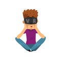 Young man cartoon character wearing virtual reality goggles sitting on the floor vector Illustration on a white Royalty Free Stock Photo