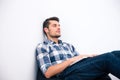 Young man in casual cloth sleeping on the bag chair Royalty Free Stock Photo