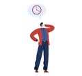 Young man in casual clothes looks at clock speech bubble. Pondering time management. Waiting concept vector illustration