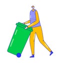 Young man in casual clothes pushing a large green trash bin. Sanitation worker doing his job, recycling, cleanliness