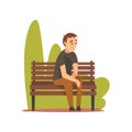 Young Man in Casual Clothes Sitting on Bench in Park Vector Illustration Royalty Free Stock Photo