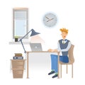 A young man in casual clothes is sitting at the workplace in office with a laptop. Vector illustration, on Royalty Free Stock Photo