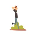 Young Man in Casual Clothes Walking in Park, Guy Relaxing and Enjoying Nature Outdoors Vector Illustration