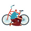 Young man in casual clothing fixing red bicycle. Cyclist repairing bike on the go vector illustration