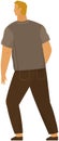 Young man in casual clothing standing looking back. Male character looks at something behind him