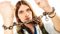 Young man with chained hands. Royalty Free Stock Photo