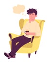 Young man in chair thinking smiling, cup of coffee. Flat design illustration. Vector