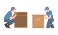 Young Man Character Assembling and Installing Wooden Furniture Vector Set