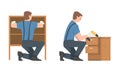 Young Man Character Assembling and Installing Wooden Furniture Vector Set