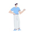 Young Man Character in Blue Sweatshirt Standing Waving Hand Vector Illustration