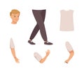 Young man character constructor. Human body parts for full length boy creation. Head, torso, legs, arms, hands vector