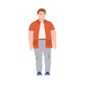 Young Man Character with Corpulent Body in Standing Pose Full Length Vector Illustration