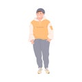 Young Man Character with Corpulent Body Wearing Hoody in Standing Pose Full Length Vector Illustration