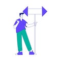 Young Man Character at the Crossroads at Arrow Post Standing and Thinking Vector Illustration