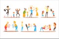 Young man character juggling with orange balls before happy people. Circus or street actor colorful cartoon detailed