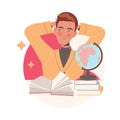 Young Man Character Learning Sitting at Desk with Book and Globe Studying Vector Illustration Royalty Free Stock Photo