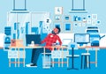 Young man character overslept in the office due to fatigue working overtime, office interior as background vector illustration