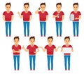 Young man character set in various poses isolated. Male vector illustration.