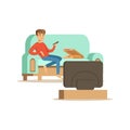 Young man character sitting on a sofa and watching TV, people resting at home vector Illustration