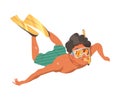 Young Man Character in Swimming Trunks and Goggles Snorkeling Underwater Vector Illustration