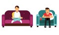 Young Man Character Watching Movie and Meditating on Couch Vector Illustration Set