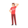 Young Man Character Wearing Red T-shirt Standing with One Hand on his Head Vector Illustration Vector Illustration