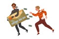 Young Man Chasing Cybercriminal Escaping with His Credit Card Vector Illustration