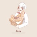 Young man in chef cap holding basket with homemade baking, delicious pastry, baguette, pretzel, bakery, bakehouse banner
