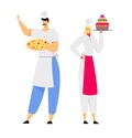 Young Man Chef in Toque and Apron Holding Pizza in Hands, Woman Sous Chef with Cake, Restaurant Staff