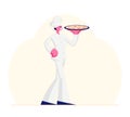 Young Man Chef Wearing Toque and White Uniform Holding Tray with Pizza in Hand. Restaurant Staff Demonstrating Menu