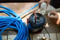 young man chooses to use termite control chemicals that are not toxic to humans mixed with water in tank for spraying to eliminate Royalty Free Stock Photo