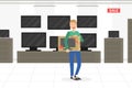 Young Man Choosing and Buying TV in Appliance Store Vector Illustration Royalty Free Stock Photo