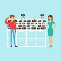 Young man choosing camera with shop assistant help in appliance store colorful vector Illustration Royalty Free Stock Photo
