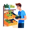 Young man choosing vegetables market shelf, fresh produce selection. Grocery shopping male