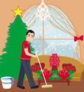 Young man cleaning house before Christmas Royalty Free Stock Photo