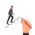 Young man is climbing career ladder. Human hand drawing stairs close up Royalty Free Stock Photo