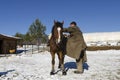 Young man climbing on a horse back in front of barn Royalty Free Stock Photo