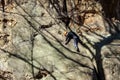 Young man climbing sandstone cliff in the forest at sunny day Royalty Free Stock Photo