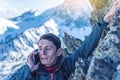 A young man climbs the mountain to the top and talking holding the phone. Concept of persistence and goal achievement Royalty Free Stock Photo