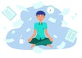 Vector flat icon of man doing yoga in the office Calm and relax during the working day business man meditating