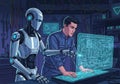 A young man collaborates with a humanoid robot in a high-tech laboratory. They interact with a Royalty Free Stock Photo