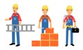 Young Man Constructor in Yellow Hard Hat and Blue Overall Carrying Ladder and Laying Bricks Vector Illustration Set