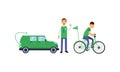 Young Man Contributing into Environment Preservation by Using Eco Friendly Vehicle Vector Illustration Set